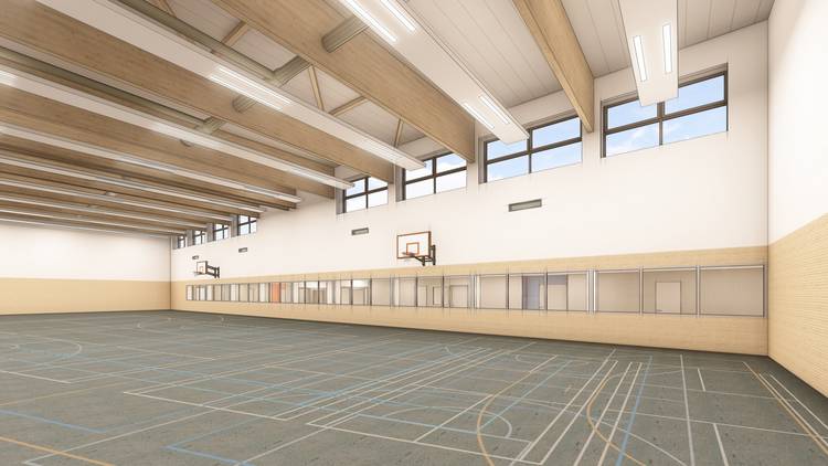 Bild (©Die Planschmiede 2KS GmbH): Die neue Turnhalle bietet viel Platz für Schul- und Vereinssport.